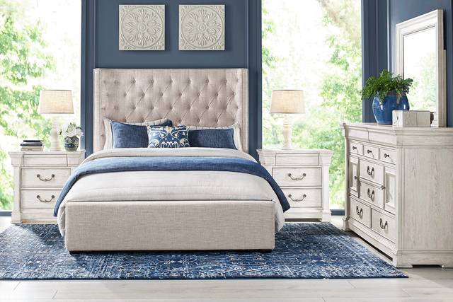 Landon Creek White 5 Pc Bedroom with Harlow Hill Taupe Queen Upholstered Bed - Thumbnail - Image 1