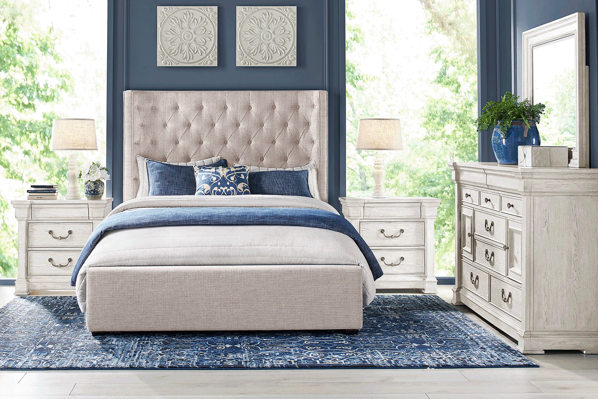 Landon Creek White 5 Pc Bedroom with Harlow Hill Taupe Queen Upholstered Bed - Image 1