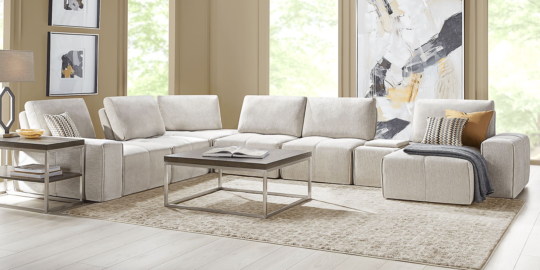 Laney Beige Polyester Fabric 7 Pc With Chaise Right Sectional | Rooms to Go