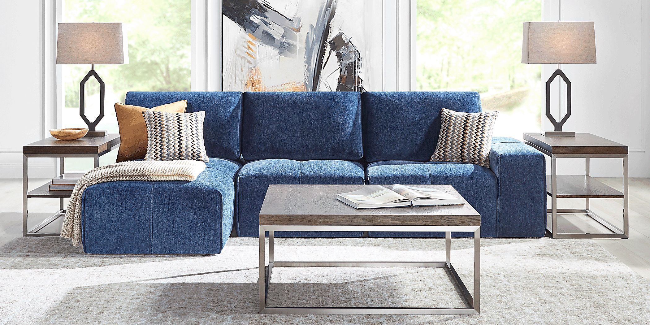 Laney Blue Chenille Fabric 3 Pc With Chaise Left Sectional | Rooms to Go