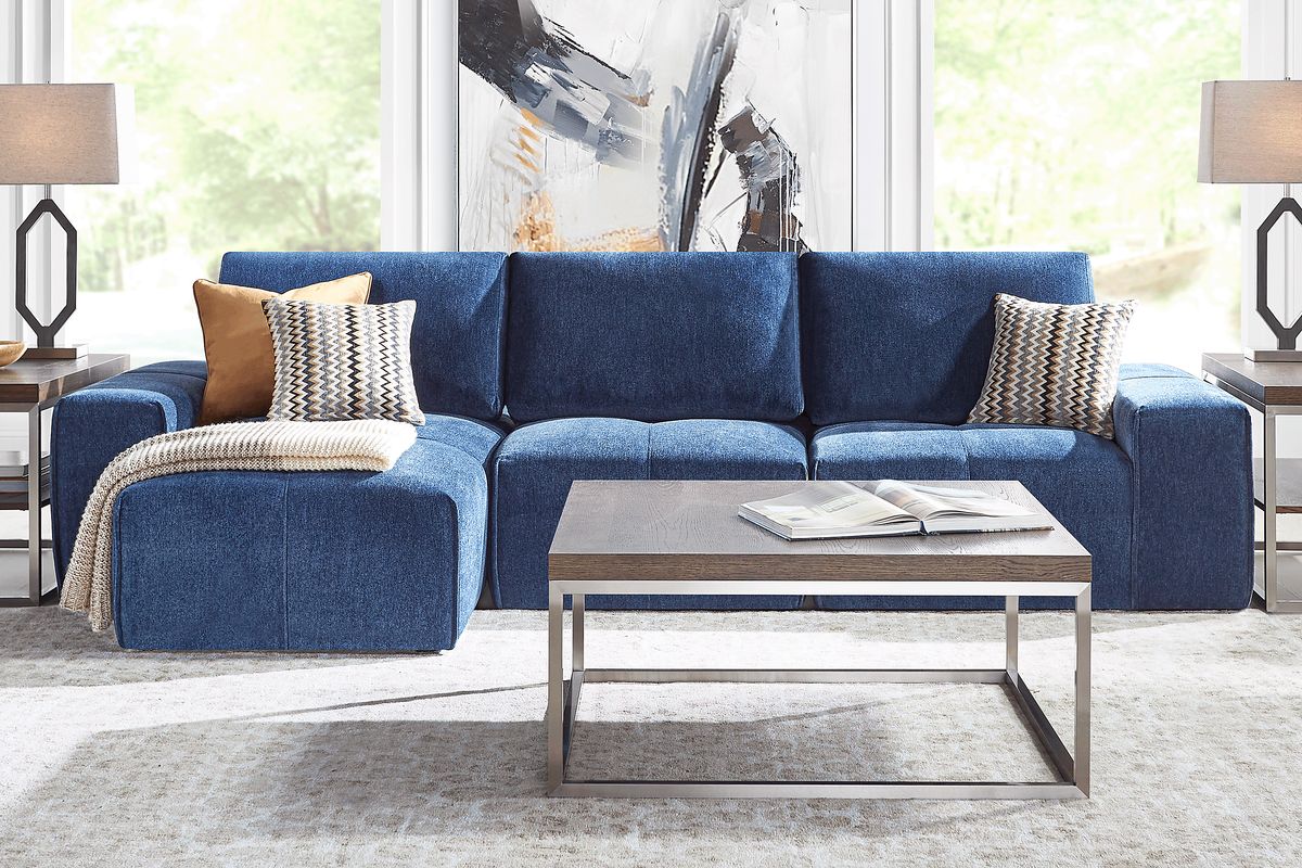 Laney 6 Pc Blue Polyester Fabric Living Room Set With 3 Pc Left Chaise ...