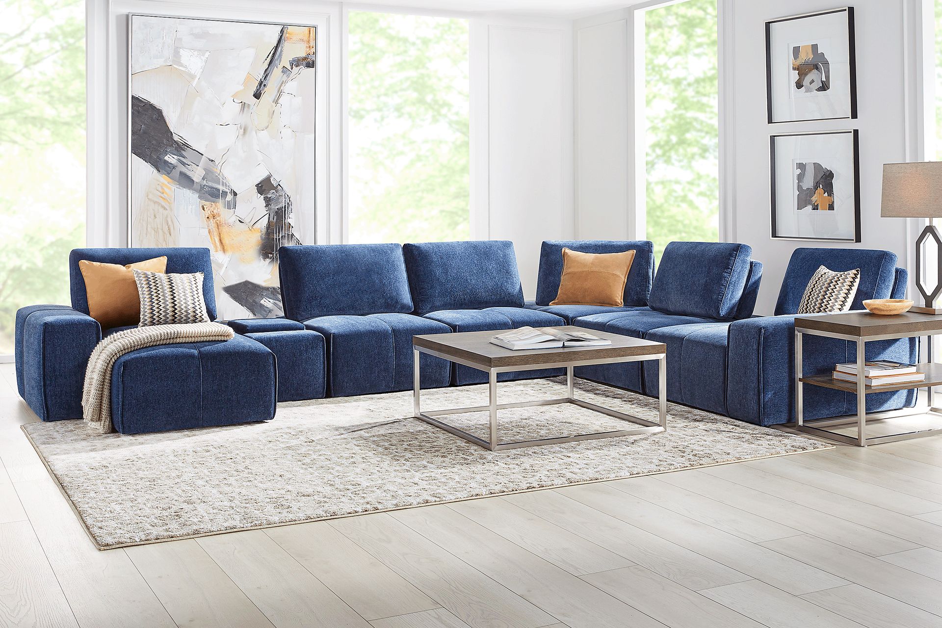 Laney Blue Polyester Fabric 7 Pc With Chaise Left Sectional