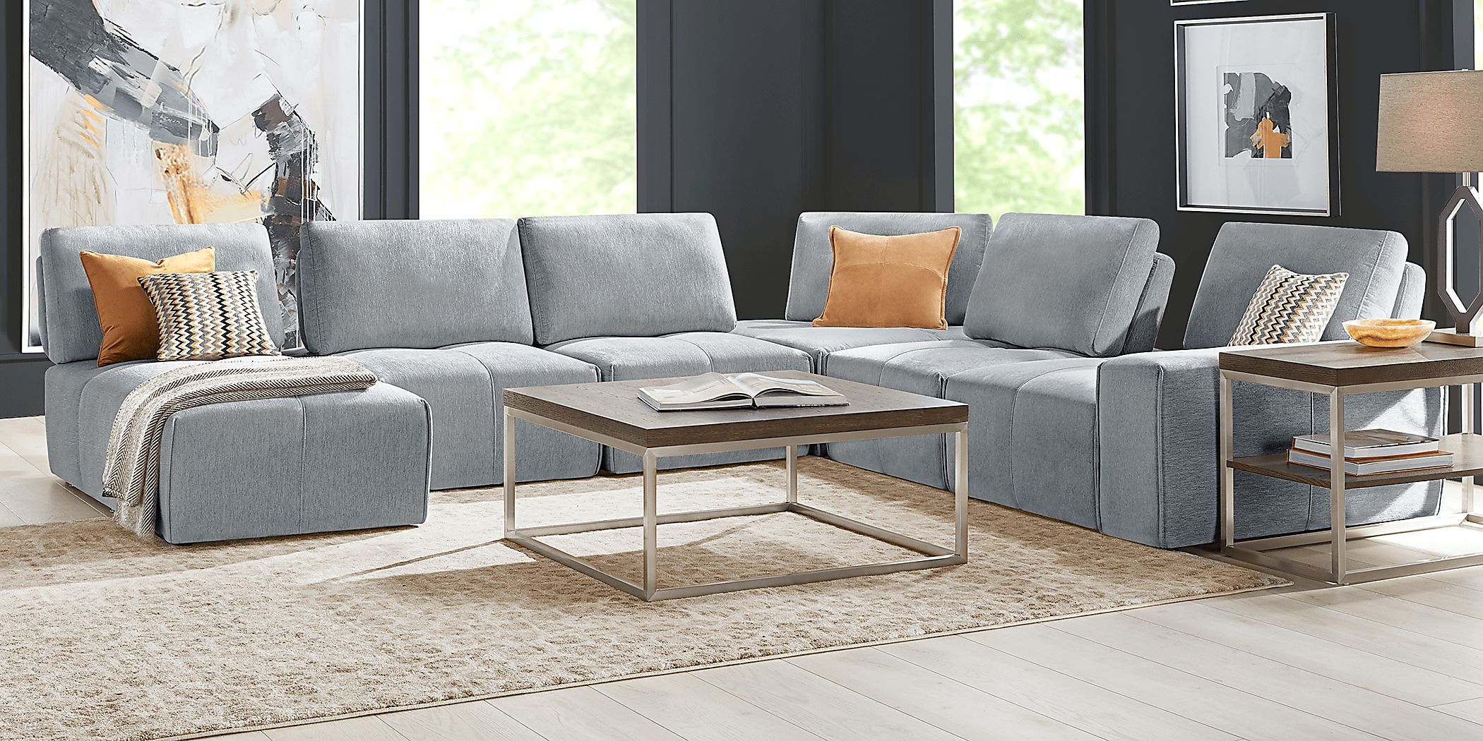 センラ Luge,A la mode,VERITE,GOSSIP,MARCEL Laney Gray Chenille Fabric 6 Pc Left Chaise Sectional