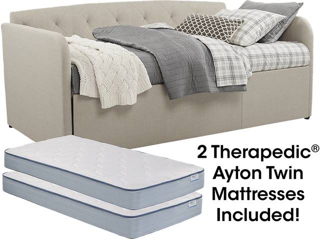 Lanie Beige Tufted Daybed with Trundle and Two Mattresses - Thumbnail - Image 1