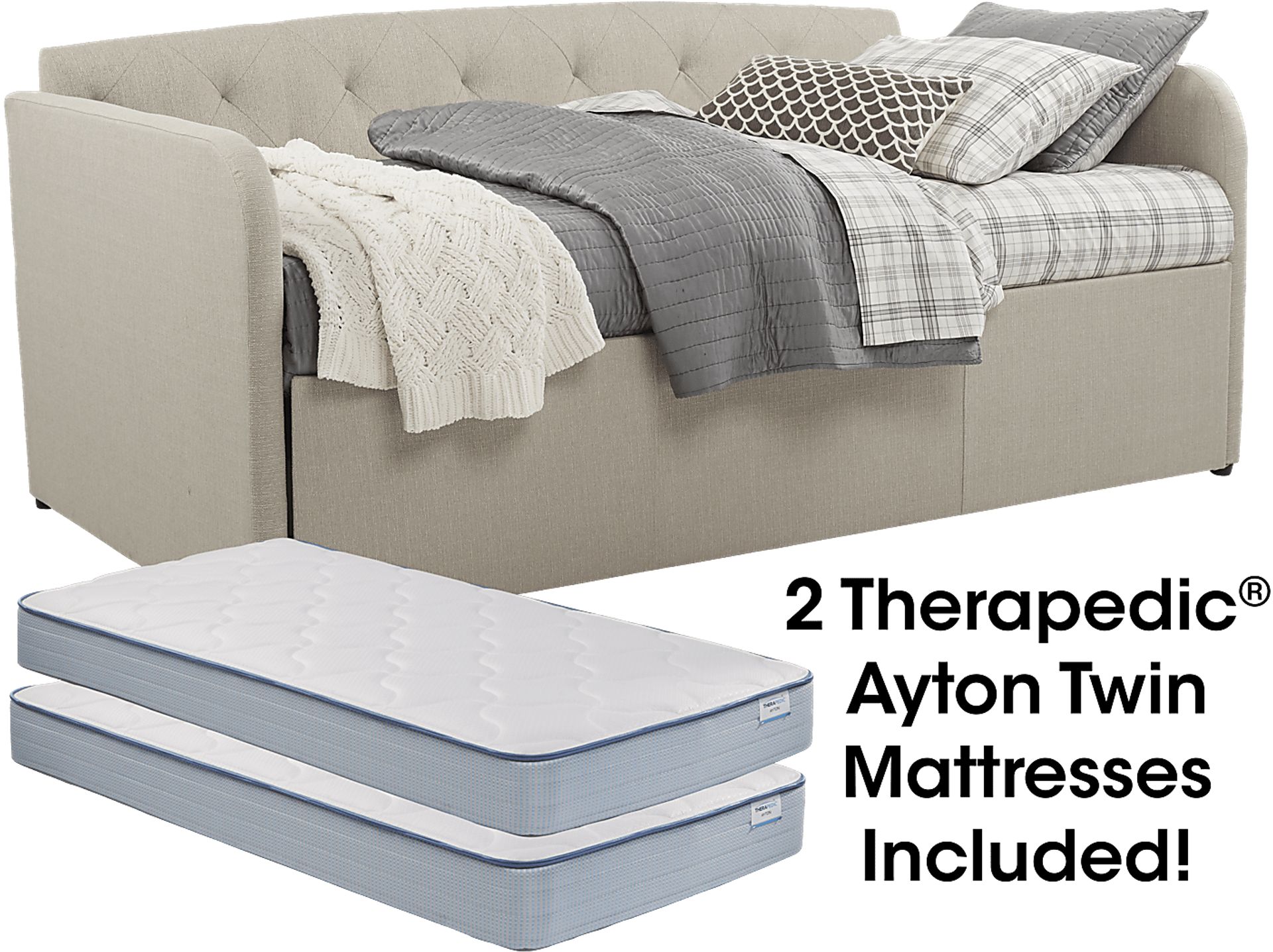 Lanie Beige Tufted Daybed with Trundle and Two Mattresses - Image 1