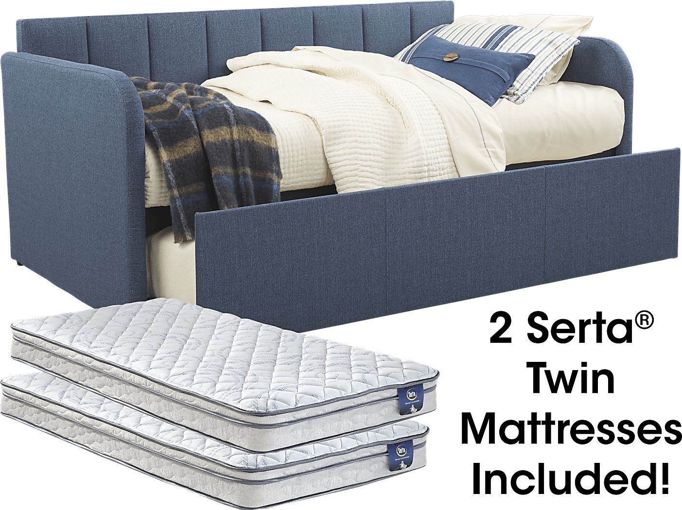 Lanie Blue Vertical Channel Daybed with Trundle and Two Mattresses