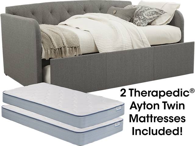 Lanie Gray Tufted Daybed with Trundle and Two Mattresses - Thumbnail - Image 1