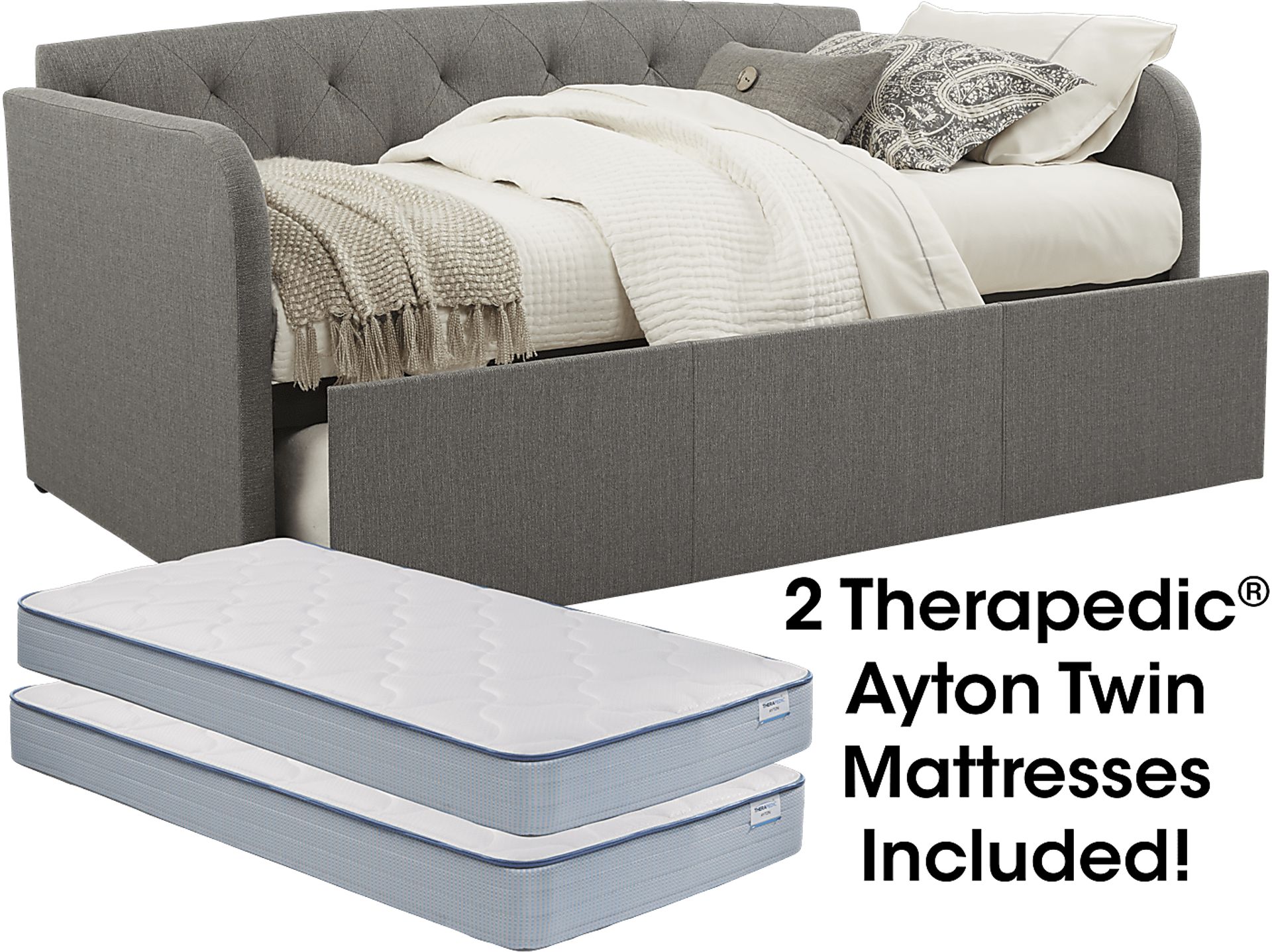 Lanie Gray Tufted Daybed with Trundle and Two Mattresses - Image 1