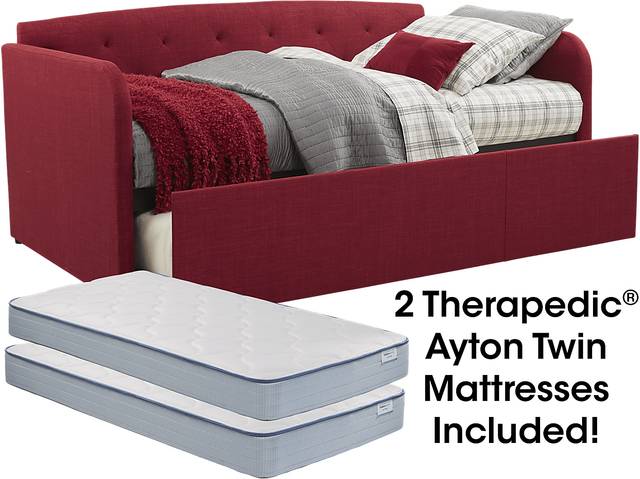Lanie Red Tufted Daybed with Trundle and Two Mattresses - Thumbnail - Image 1