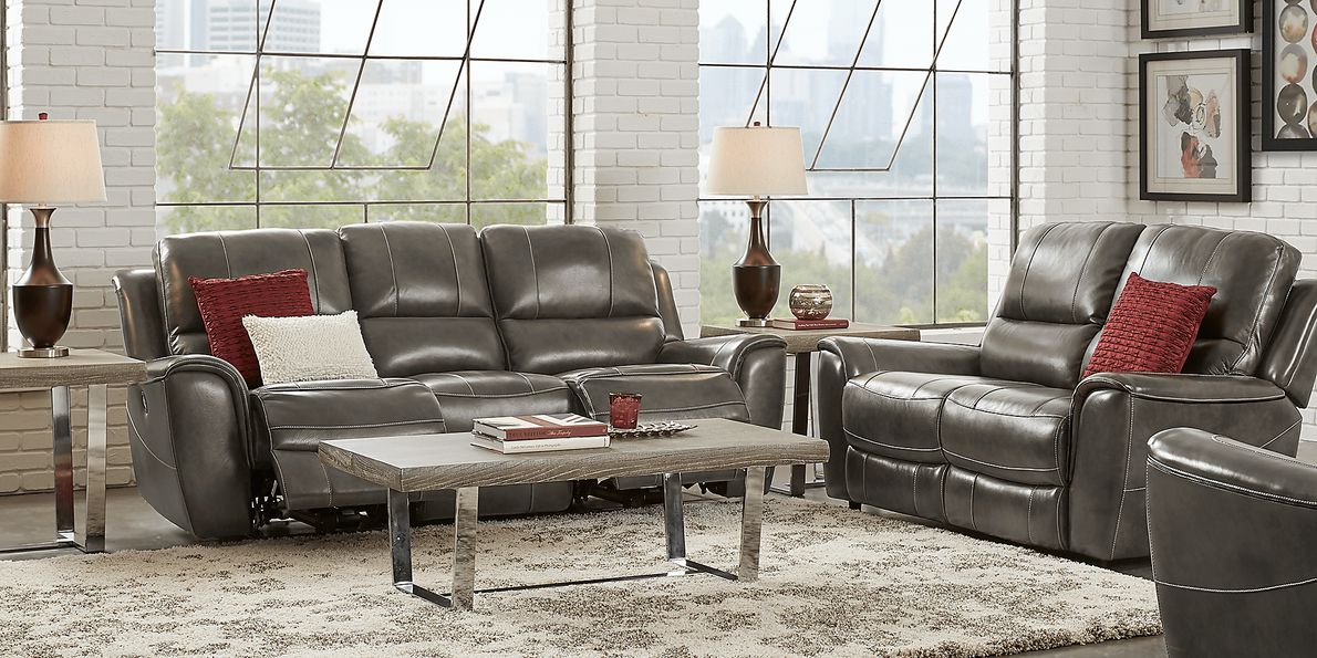 Lanzo 2 Pc Gray Leather Manual Reclining Classic Living Room