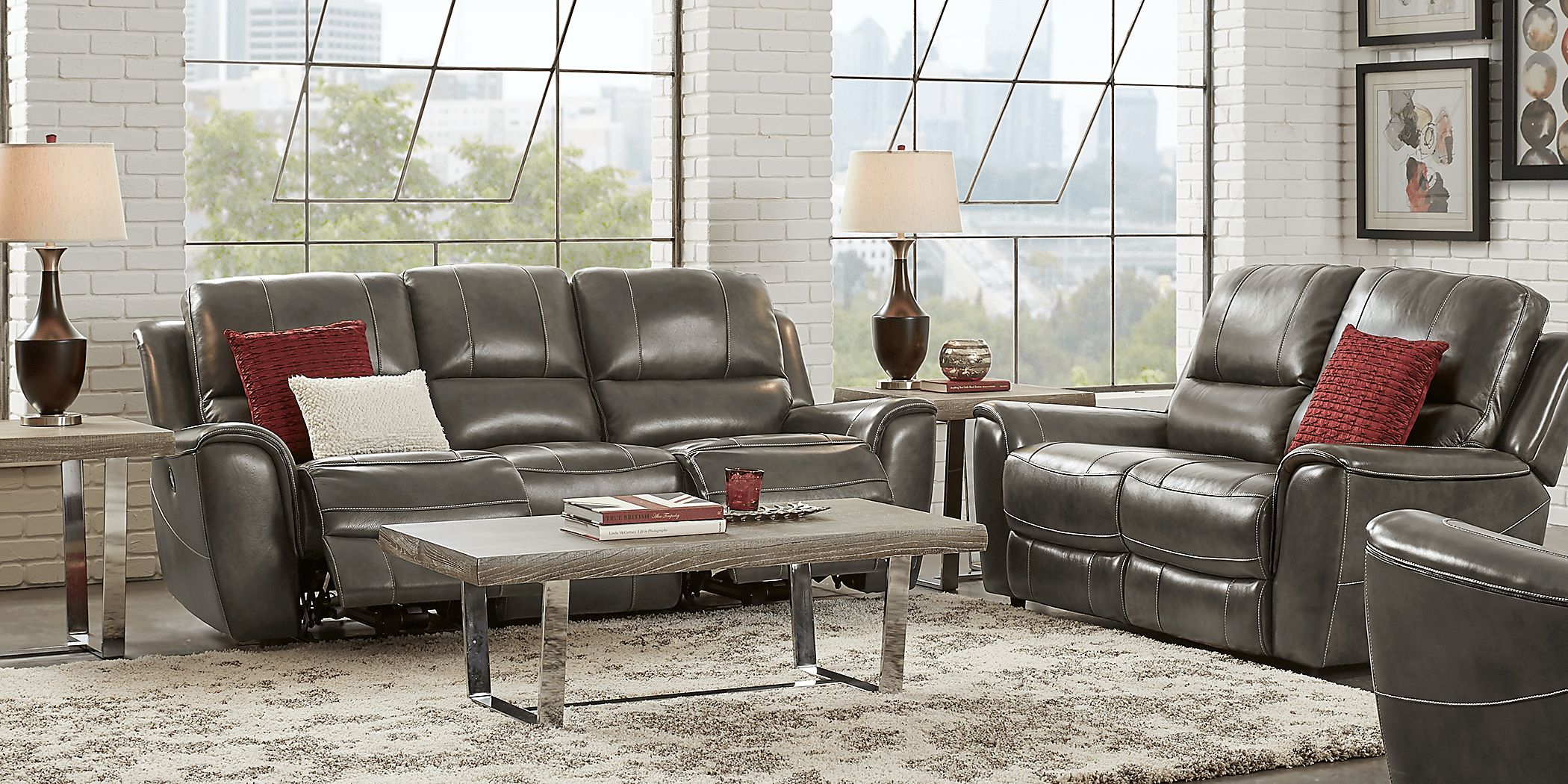 Lanzo 5 Pc Gray Leather Manual Reclining Classic Living Room With