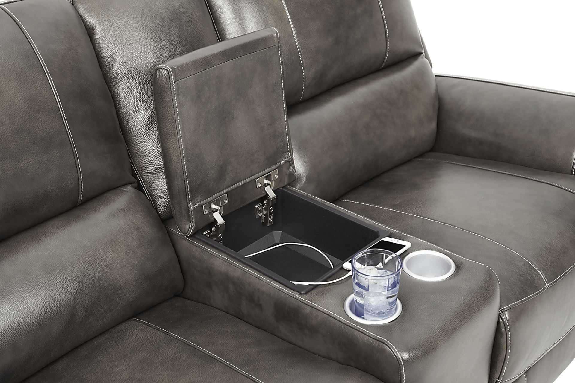 Lanzo Gray Leather Dual Power Reclining Console Loveseat - Image 3