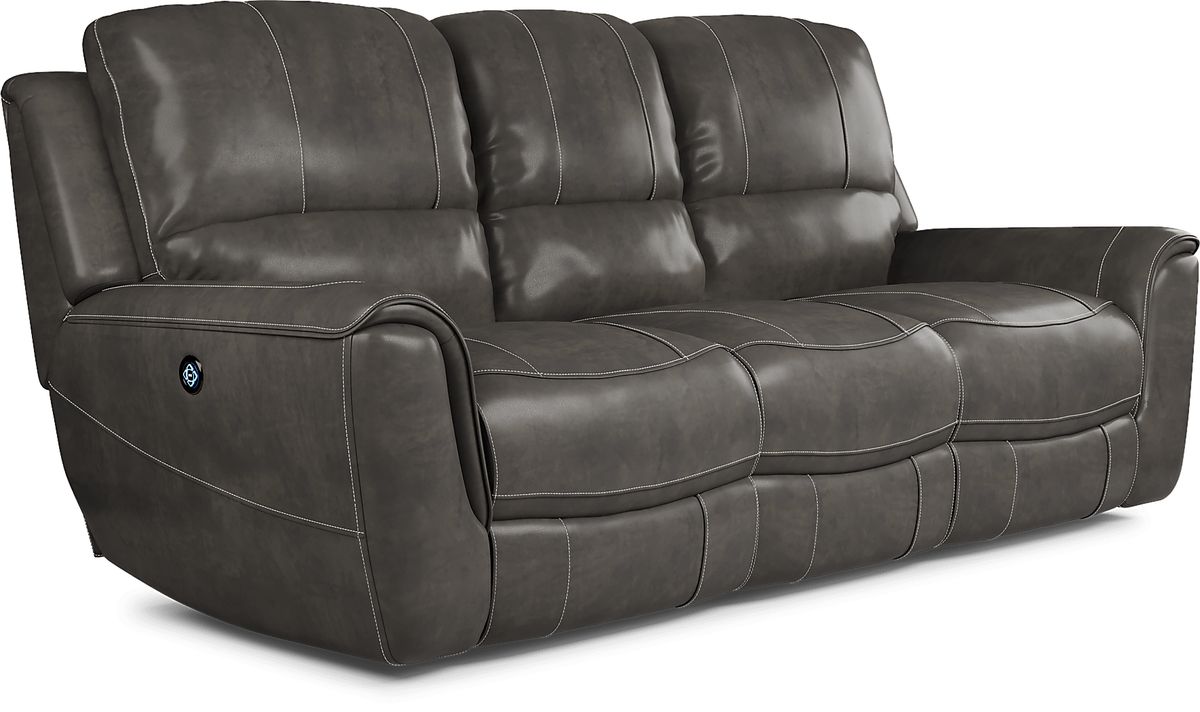 Lanzo Gray Leather Dual Power Reclining Sofa | Rooms to Go
