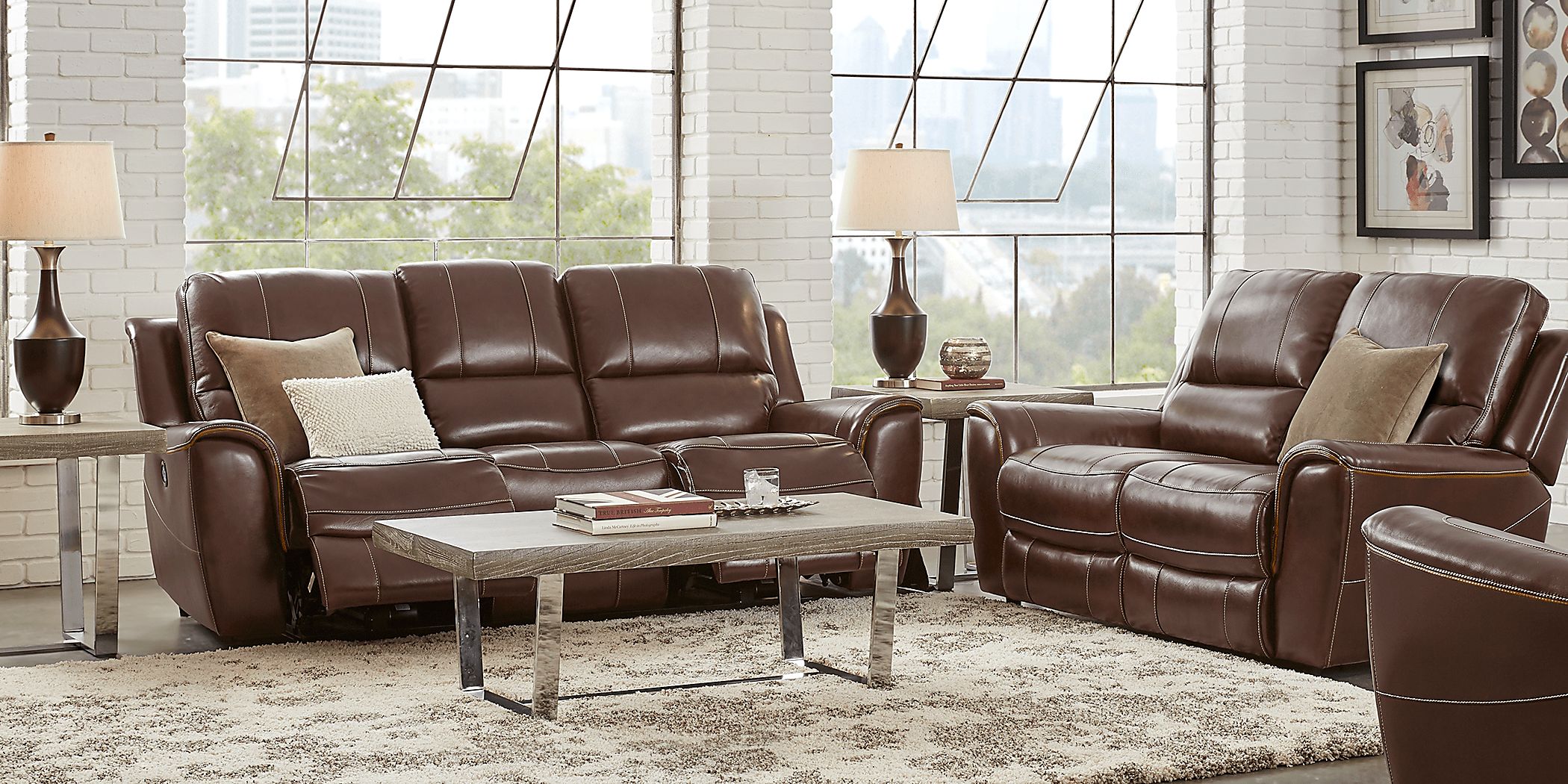 Lanzo 7 Pc Merlot Leather Manual Reclining Classic Living Room
