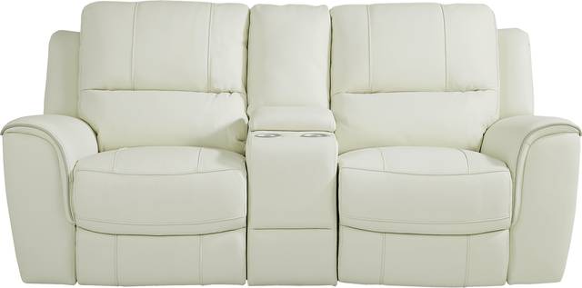 Lanzo Off-White Leather Dual Power Reclining Console Loveseat - Thumbnail - Image 1