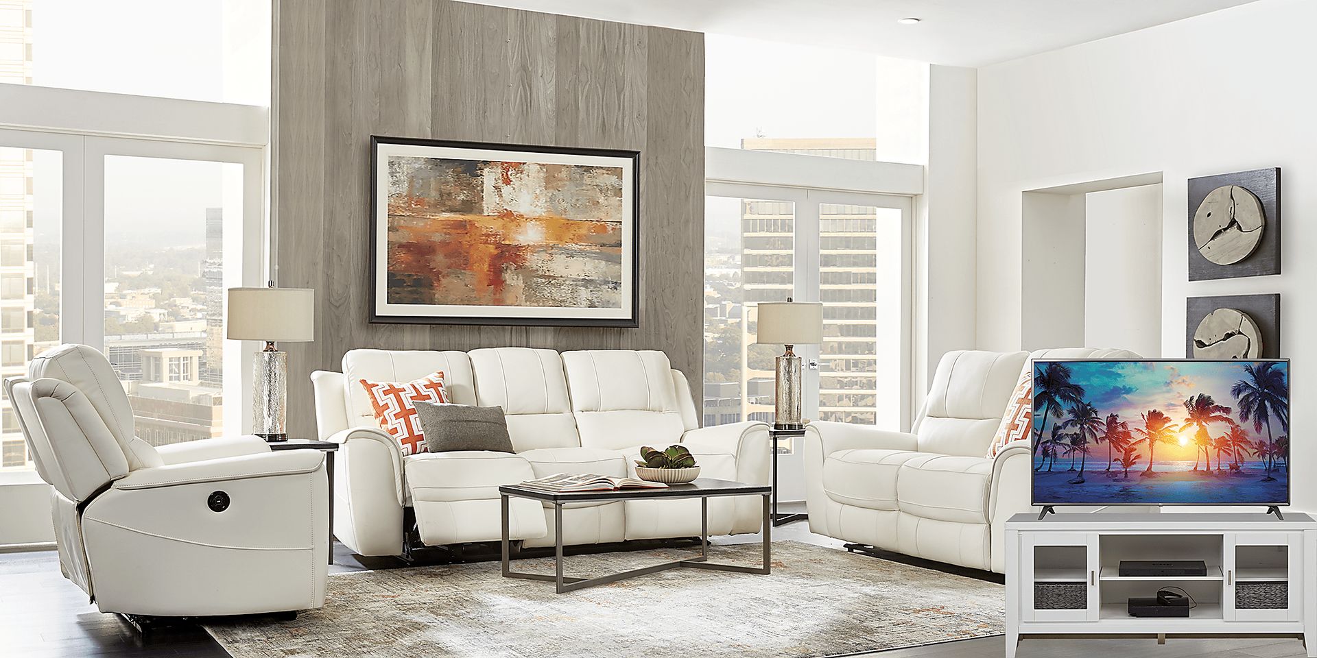 Lanzo Off-White Leather 6 Pc Living Room with Reclining Sofa Plus 70 in. TV - Image 1