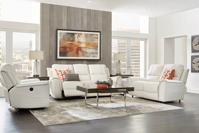 Lanzo Off-White Leather 8 Pc Living Room with Reclining Sofa - Thumbnail - Image 1
