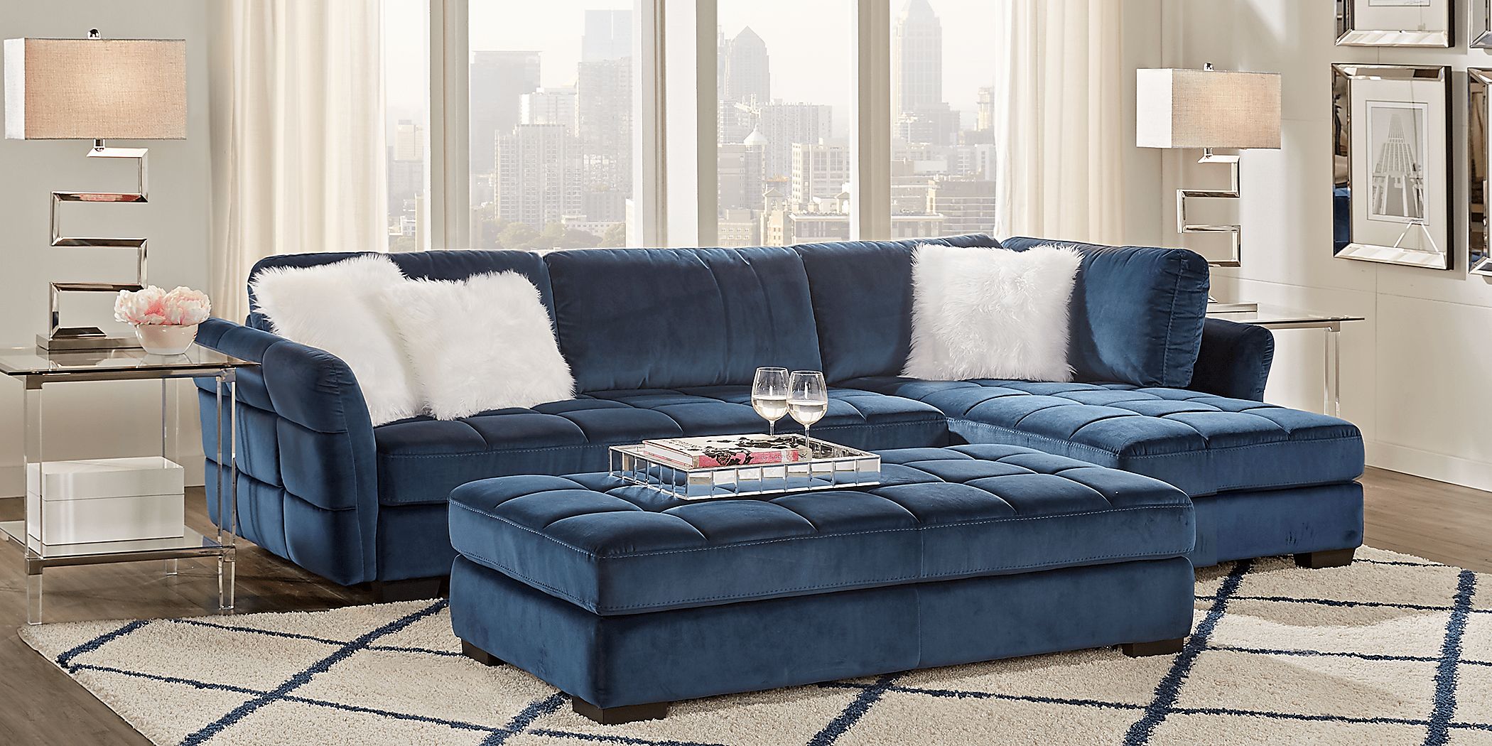 Largo Drive 3 Pc Indigo Blue Plush Living Room Set With 2 Pc Sectional