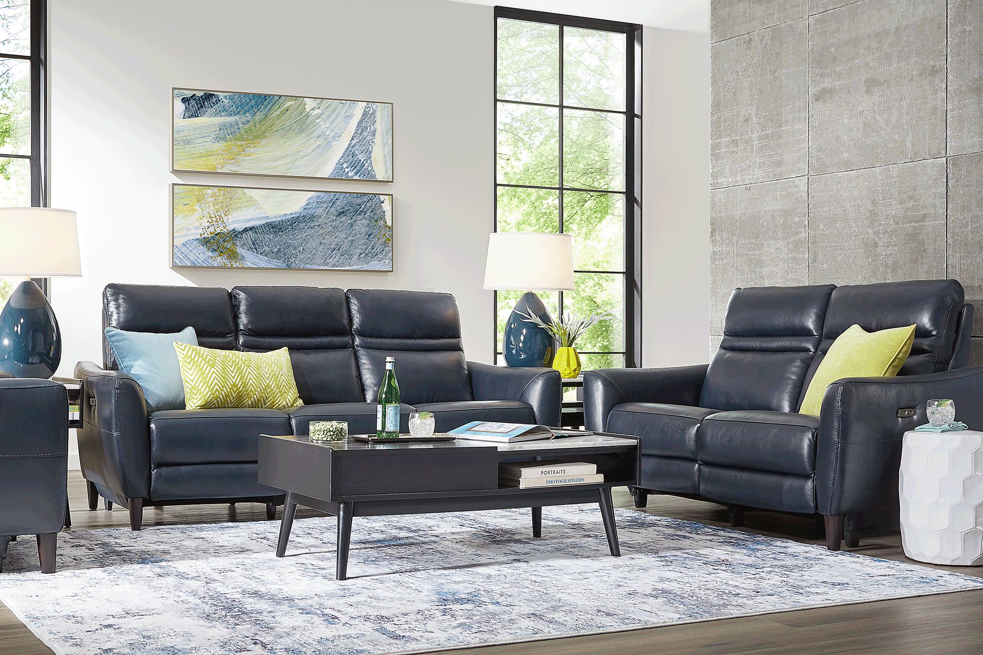 Larino Blue Leather 5 Pc Dual Power Reclining Living Room - Image 1