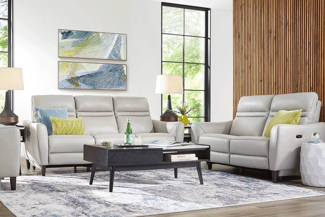 Larino Light Gray Leather 5 Pc Dual Power Reclining Living Room - Thumbnail - Image 1