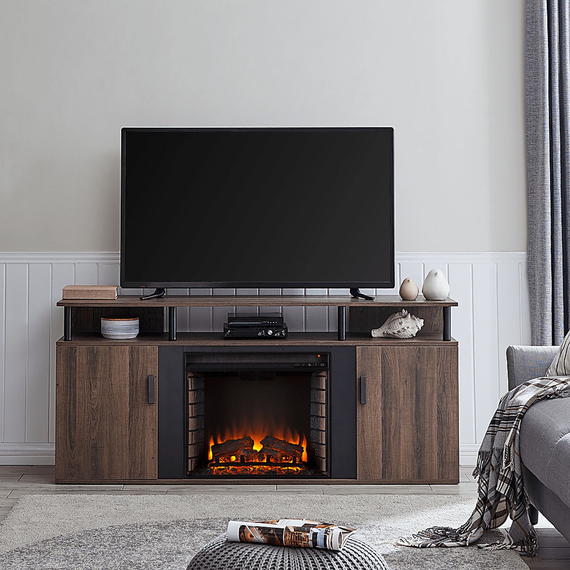 Latchwood I Brown 63 in. Console With Electric Log Fireplace - Image 9