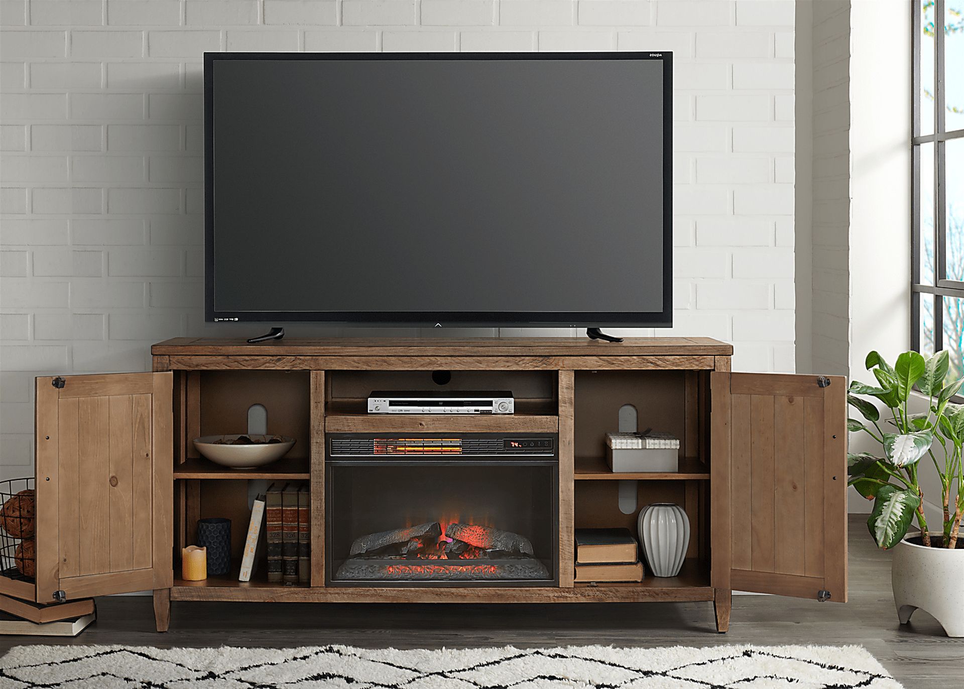 Leewood Brown 65 in. Console With Electric Fireplace - Image 4