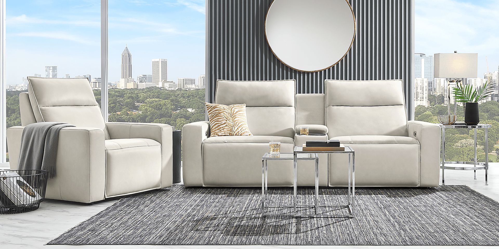 Light Gray Leather 3 Pc Dual Power Reclining ModularTwo with Media Console - Image 3