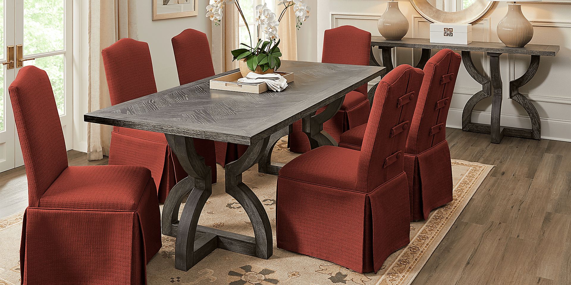 Lina Gray 5 Pc Rectangle Dining Set with Red Chairs - Image 1