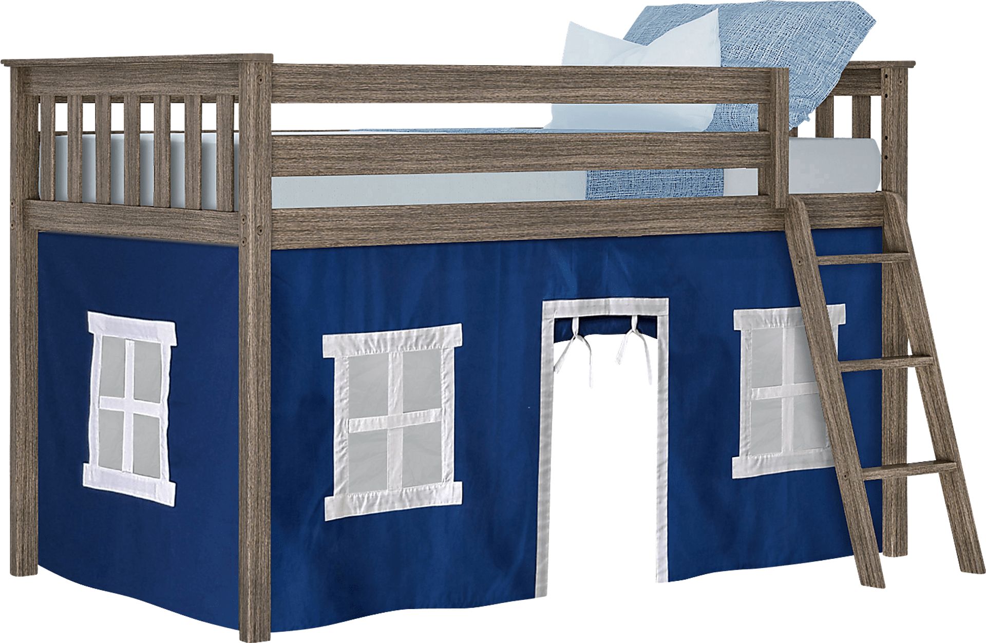 Kids Linnett Brown Twin Low Loft Bed with Blue Tent - Image 2