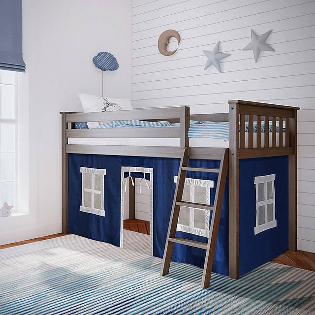 Kids Linnett Brown Twin Low Loft Bed with Blue Tent - Thumbnail - Image 1