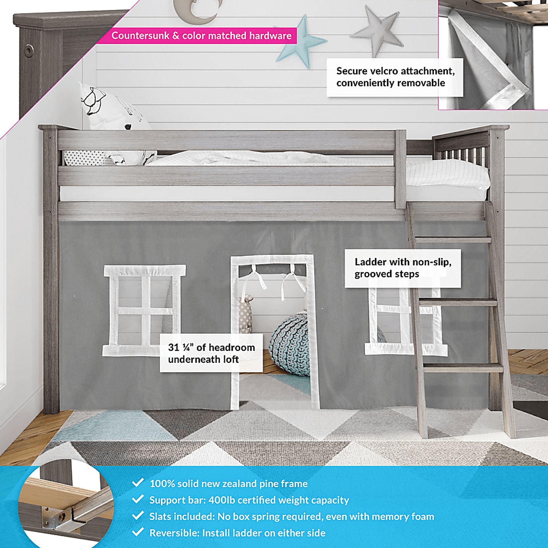 Kids Linnett Brown Twin Low Loft Bed with Gray Tent - Image 3