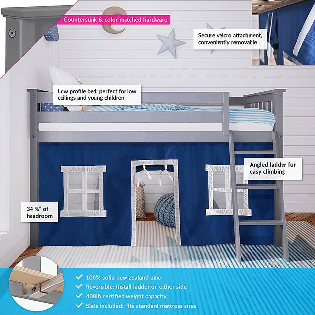 Kids Linnett Gray Twin Low Loft Bed with Blue Tent - Thumbnail - Image 3