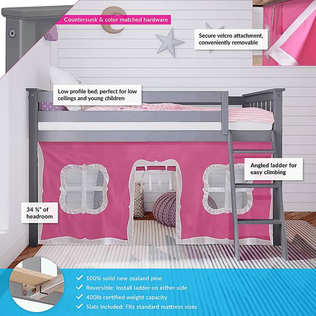Kids Linnett Gray Twin Low Loft Bed with Pink Tent - Thumbnail - Image 3