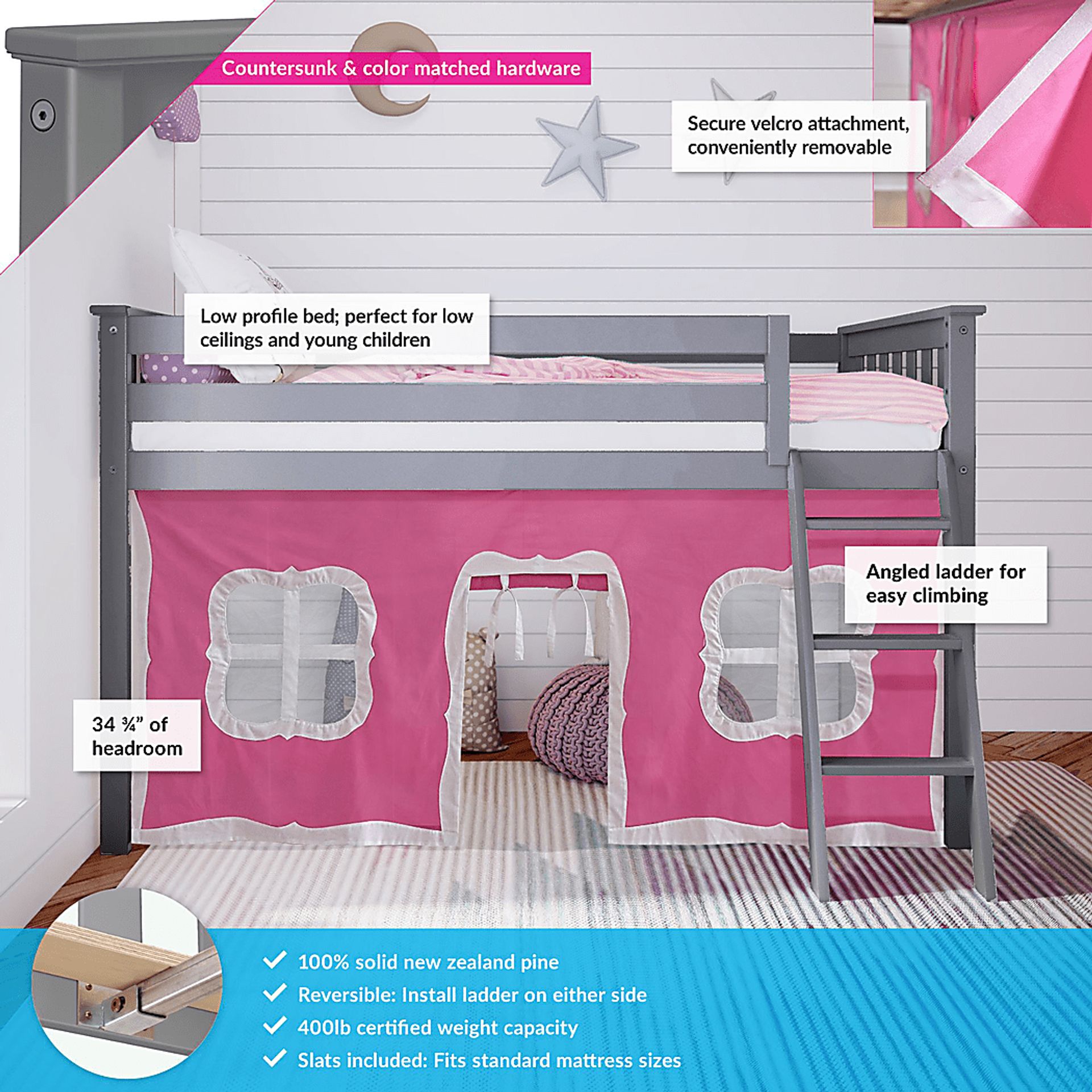 Kids Linnett Gray Twin Low Loft Bed with Pink Tent - Image 3