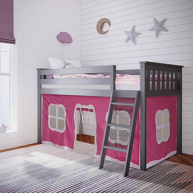 Kids Linnett Gray Twin Low Loft Bed with Pink Tent - Thumbnail - Image 1