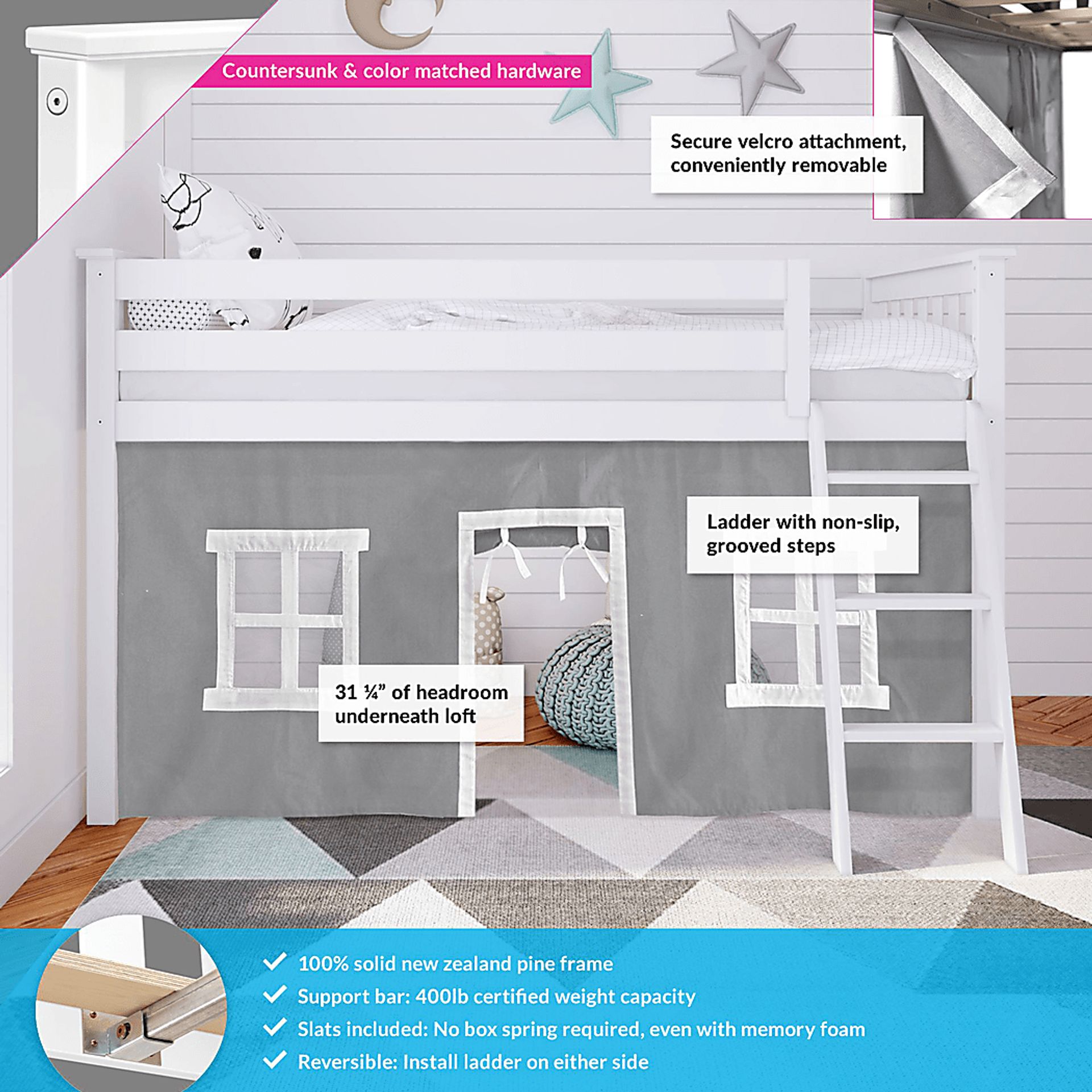 Kids Linnett White Twin Low Loft Bed with Gray Tent - Image 3
