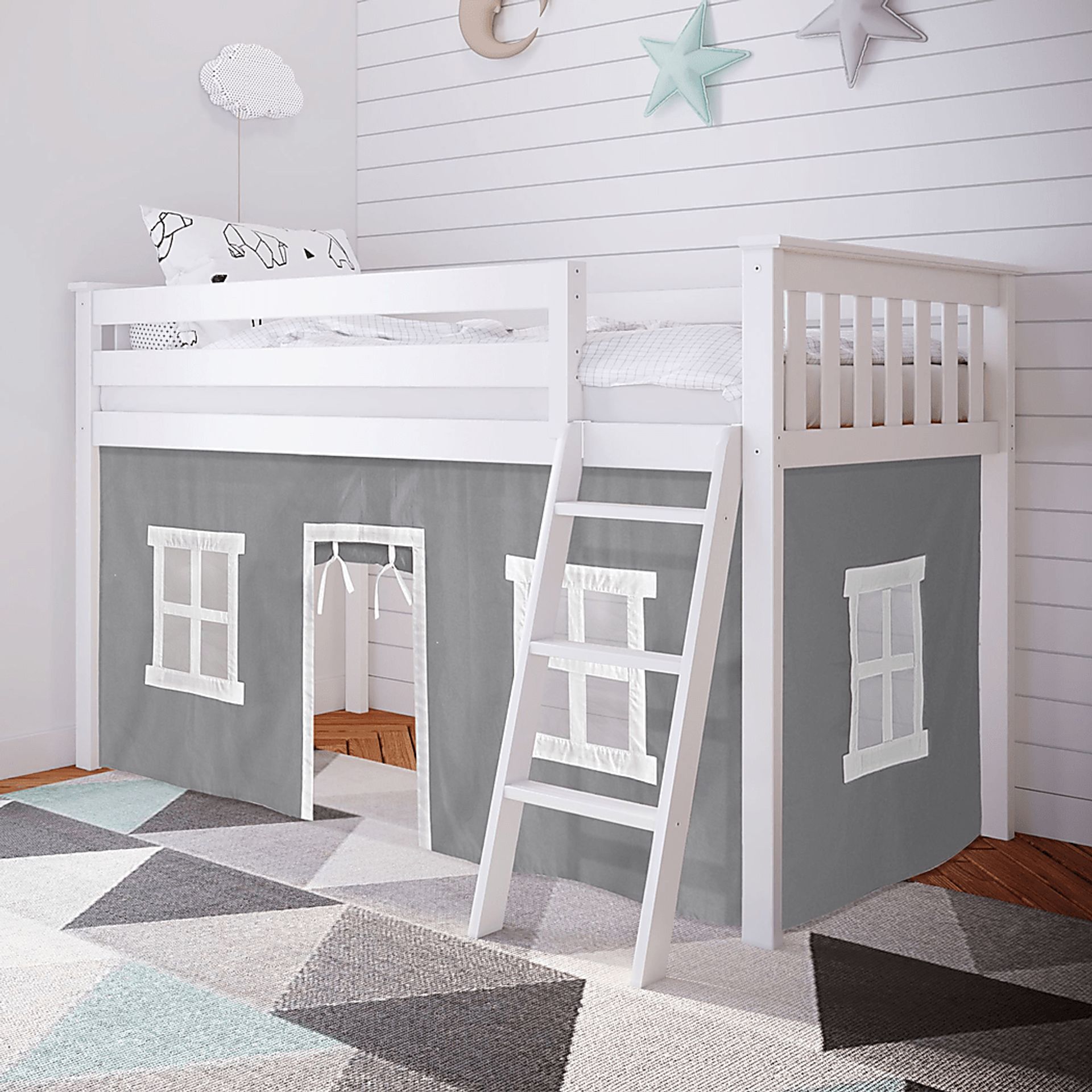 Kids Linnett White Twin Low Loft Bed with Gray Tent - Image 1