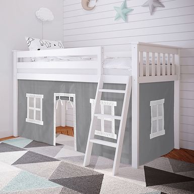 Kids Linnett White Twin Low Loft Bed with Gray Tent
