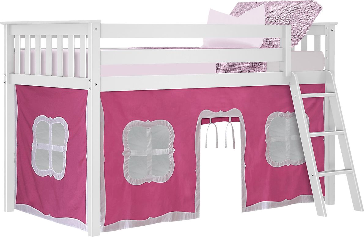 Kids Linnett White Twin Low Loft Bed with Pink Tent