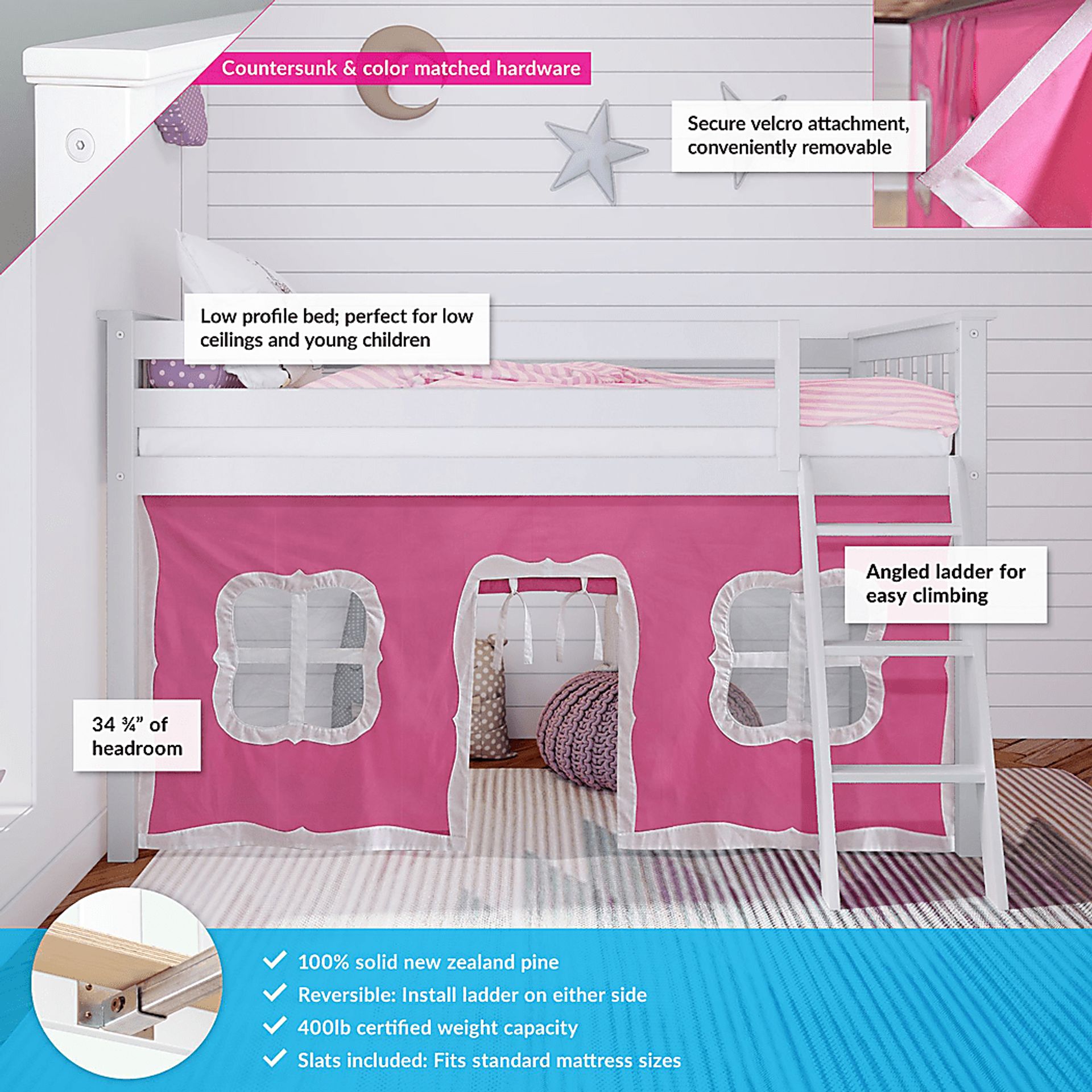 Kids Linnett White Twin Low Loft Bed with Pink Tent - Image 3