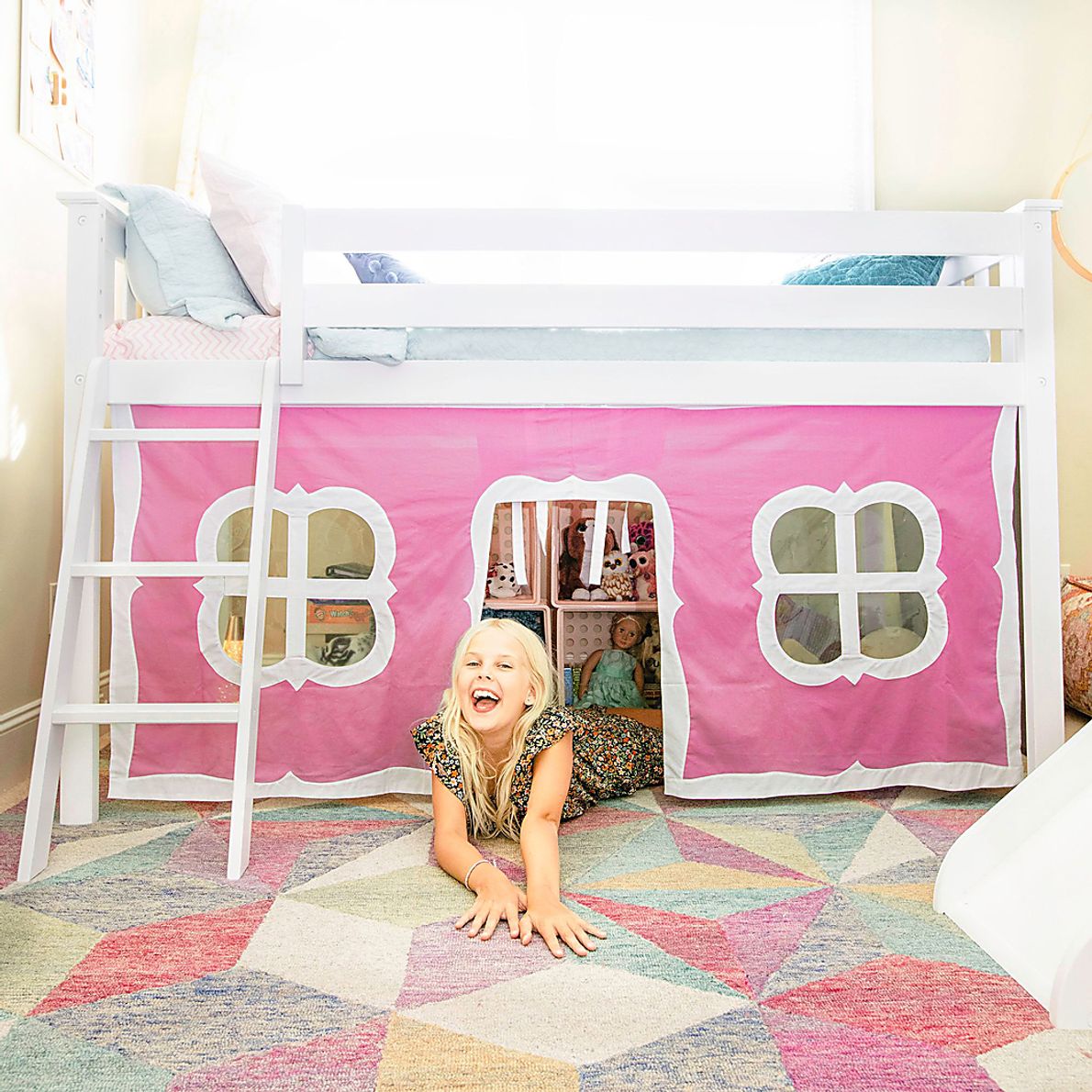 Kids White Twin Low Loft Bed with Pink Tent Rooms To Go