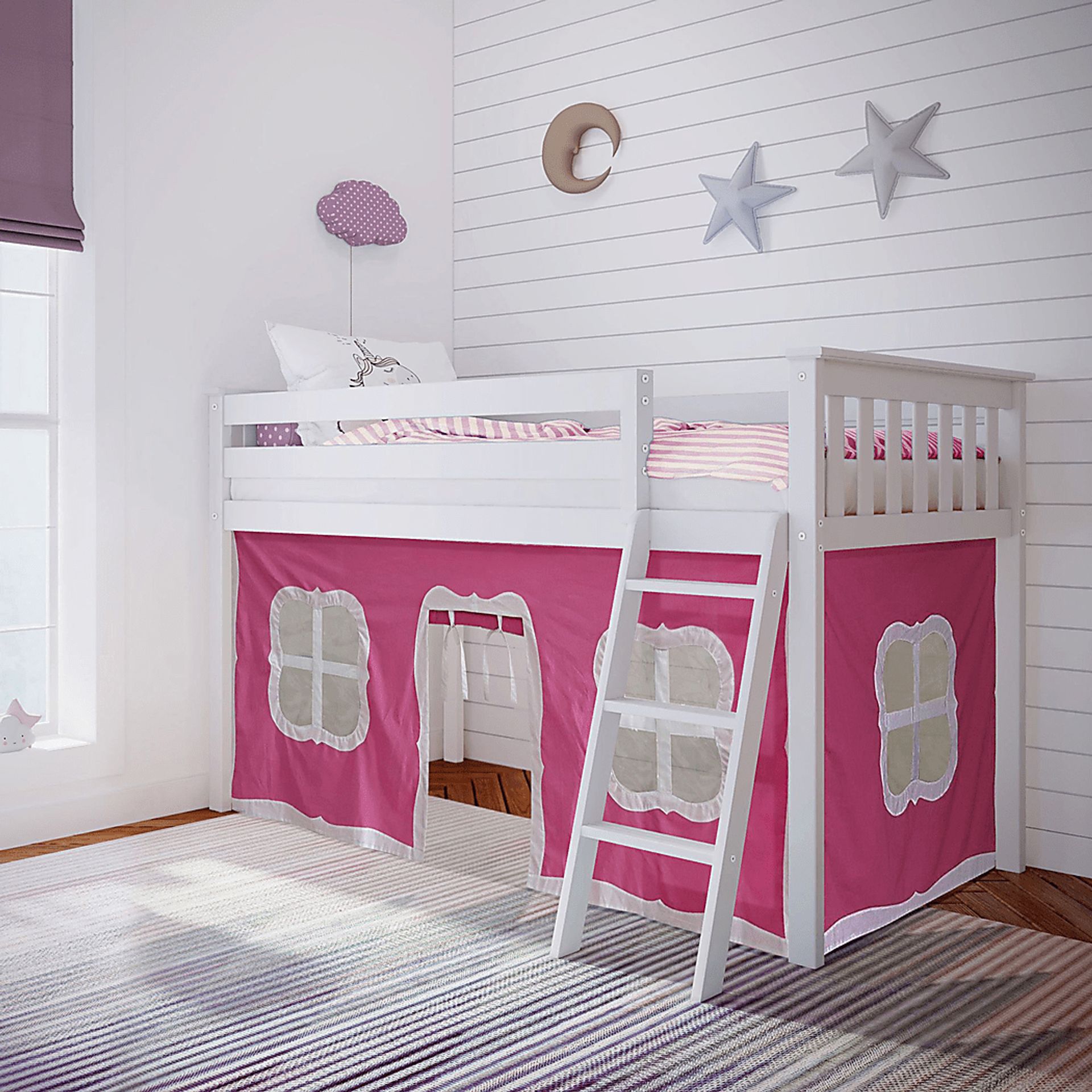 Kids Linnett White Twin Low Loft Bed with Pink Tent - Image 1