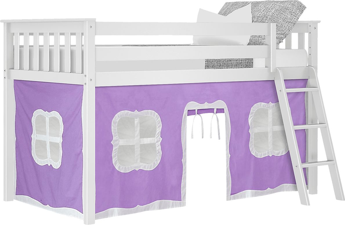 Kids Linnett White Twin Low Loft Bed with Purple Tent