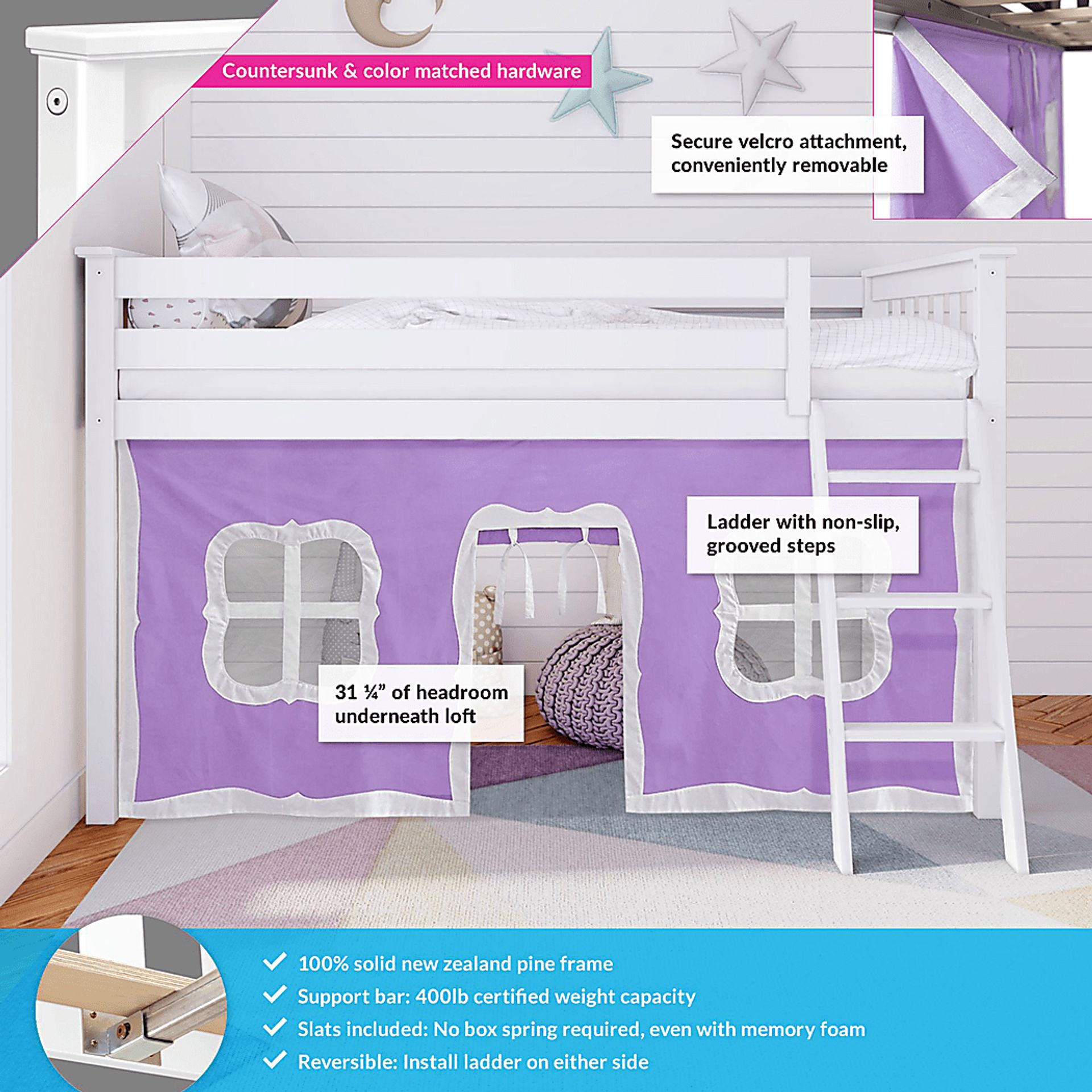 Kids Linnett White Twin Low Loft Bed with Purple Tent - Image 3