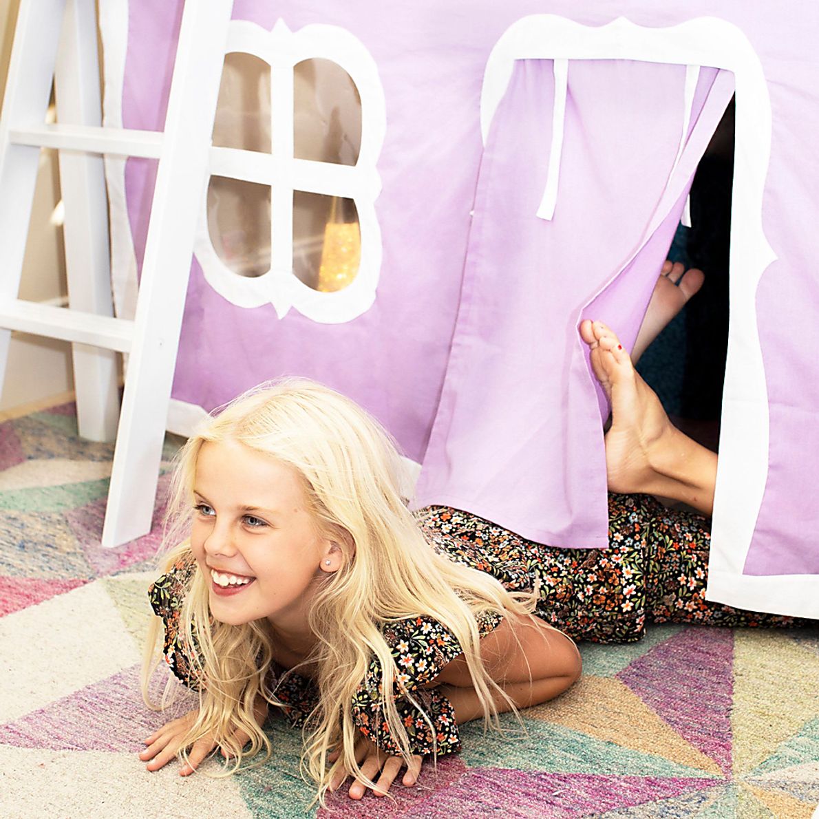Kids Linnett White Twin Low Loft Bed with Purple Tent