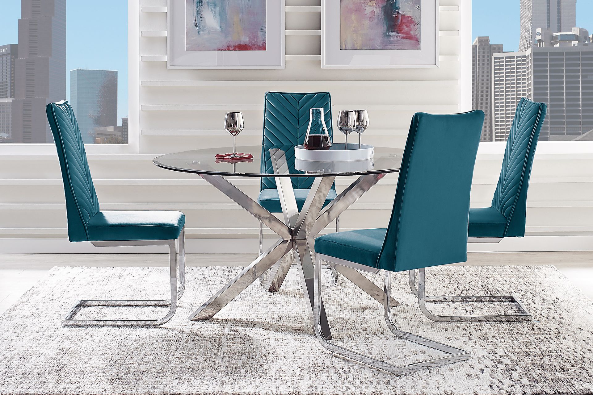 Linton Park Silver 5 Pc Round Dining Set with Blue Chairs - Image 1