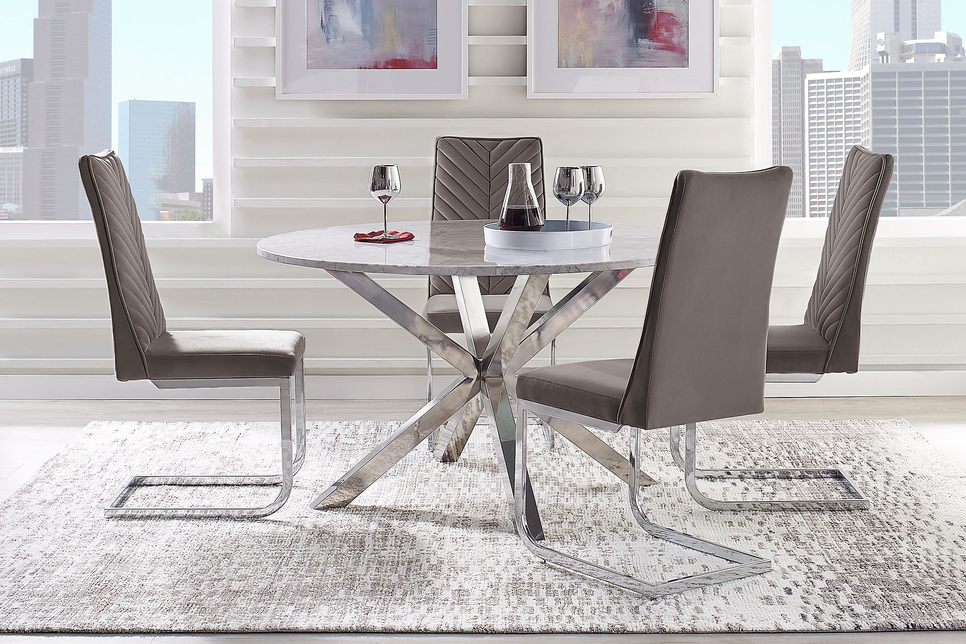Linton Park Silver 5 Pc Round Marble Dining Set with Charcoal Chairs - Image 1