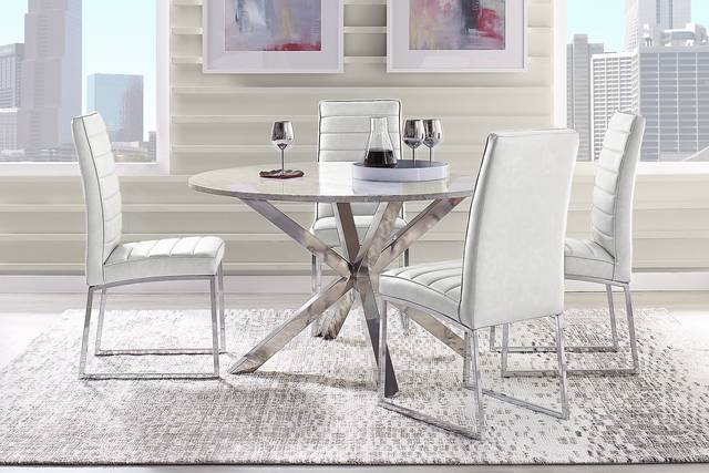 Linton Park Silver 5 Pc Round Marble Dining Set with Off-White Chairs - Thumbnail - Image 1