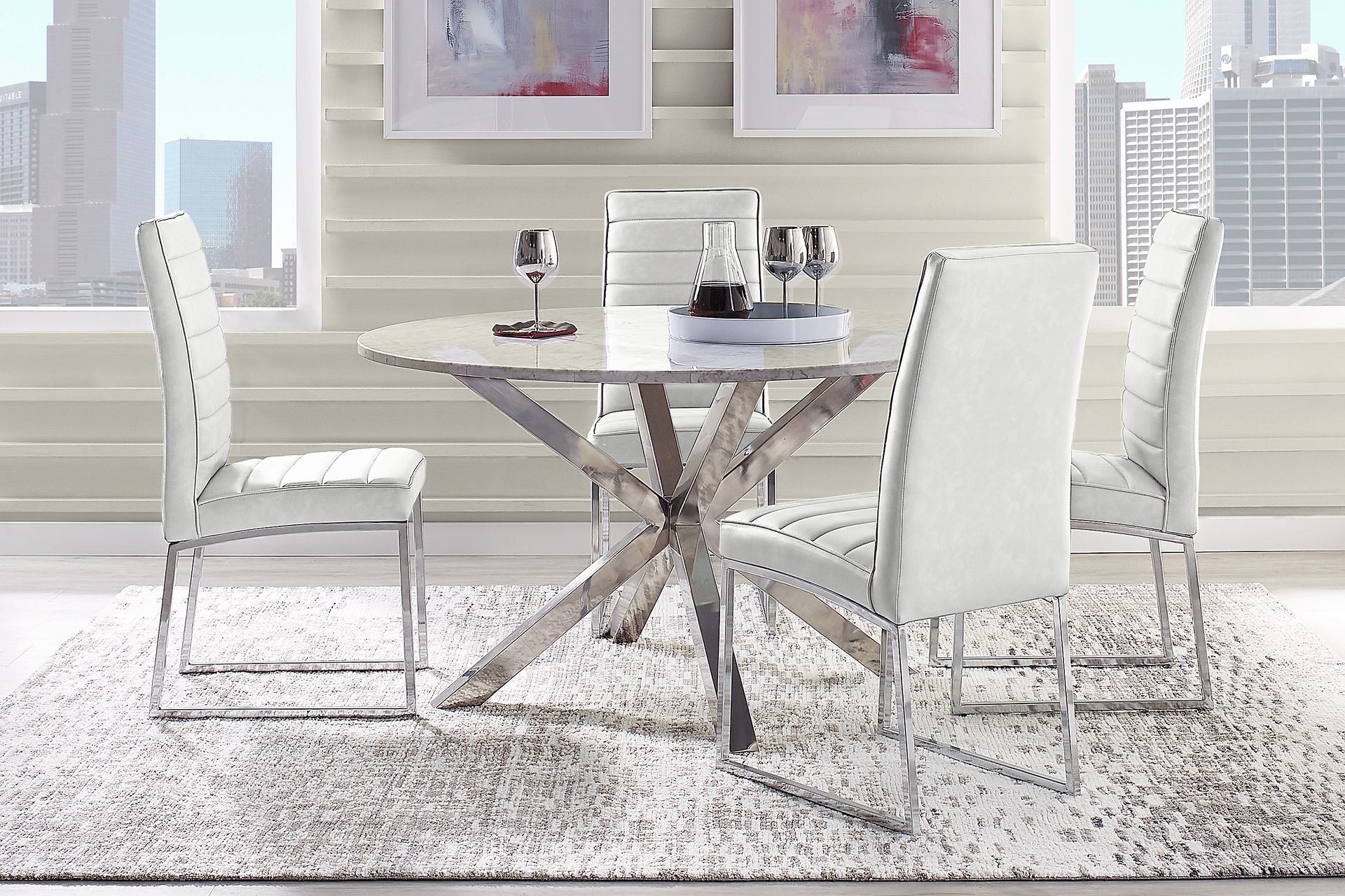 Linton Park Silver 5 Pc Round Marble Dining Set with Off-White Chairs - Image 1