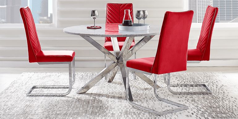 Linton Park Silver 5 Pc Round Marble Dining Set with Red Chairs